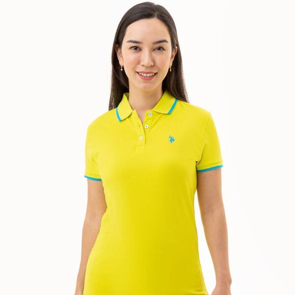 U.S. Polo Assn. Women's Tipped Solid Polo Shirt Color - Electric Lime - Size L - Picture 1 of 6
